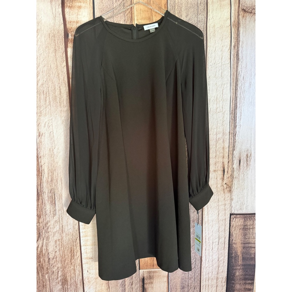 Calvin Klein Sheer Sleeve Shift Mini Dress Black LBD Long Sleeve Size 14 NWT